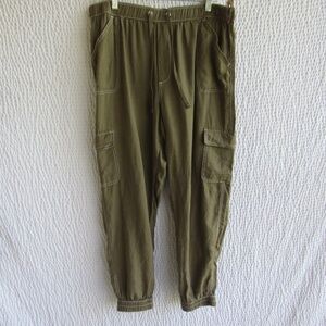 Green Linen Designer Pants Joggers XL Nicole Miller Cargo Pockets Elastic